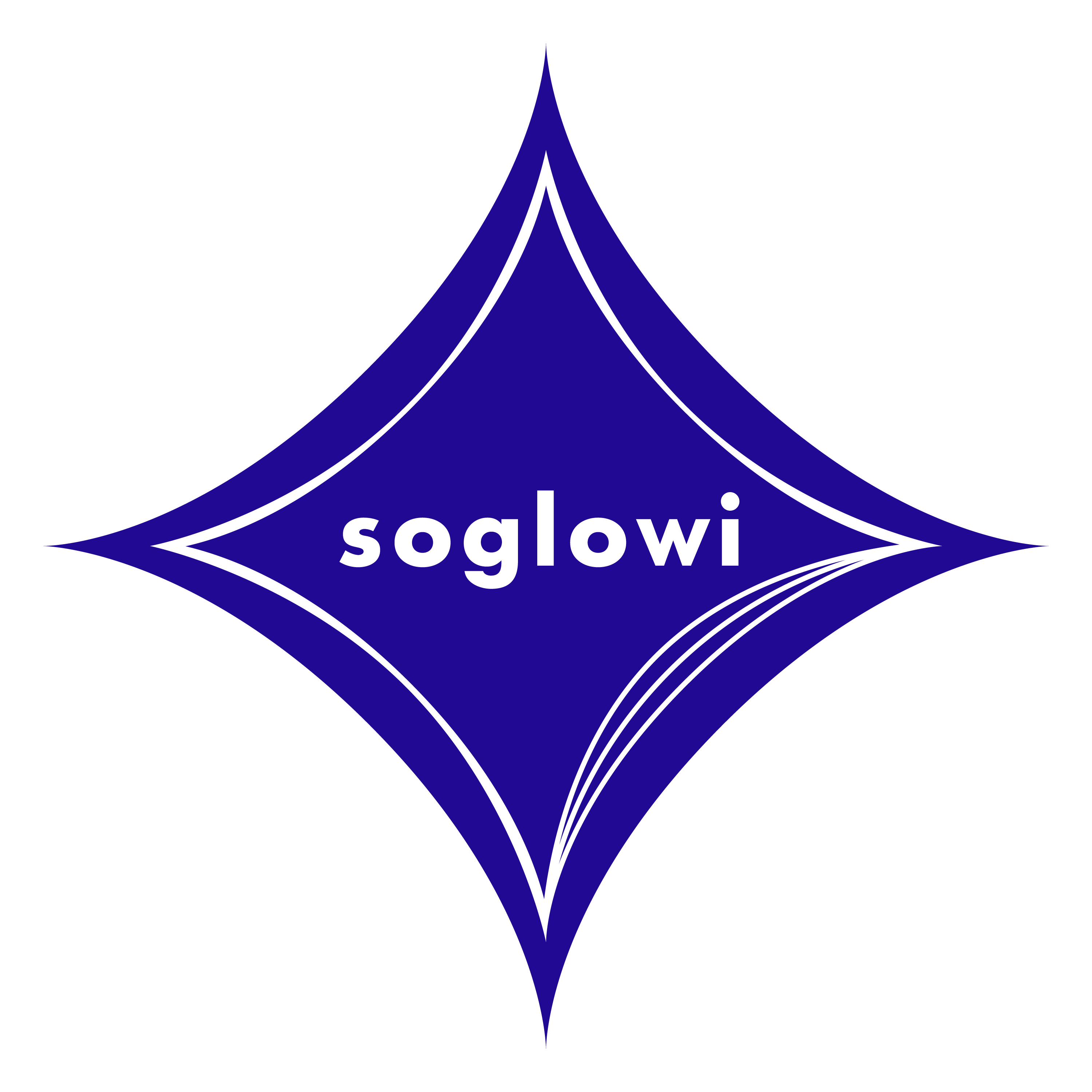 Logo of soglowi - the alluring motion graphic design and VJing solutions company based in midlands uk. Curved diamond shape logo in purple with repeated white line accents. Across the centre the word soglowi is written in the white with the typeface Futura bold