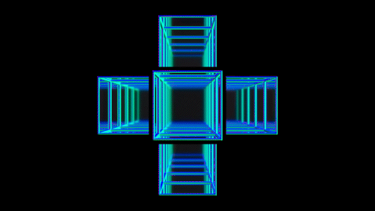 soglowi custom made vj loop featuring a series of conjoined cubes with neon lighting and mirrored faces, spinning around